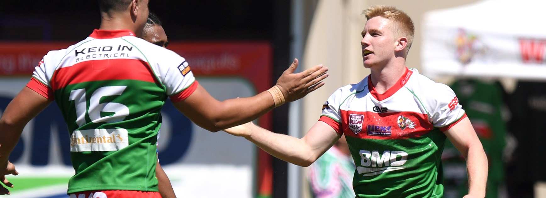 Tom Dearden receives the Channel Nine man of the match award after his Intrust Super Cup debut for Wynnum-Manly