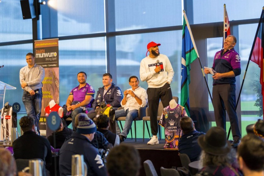 Melbourne winger Josh Addo-Carr, with former Storm forward Peter Robinson, at the 2019 Victorian Men’s Gathering.