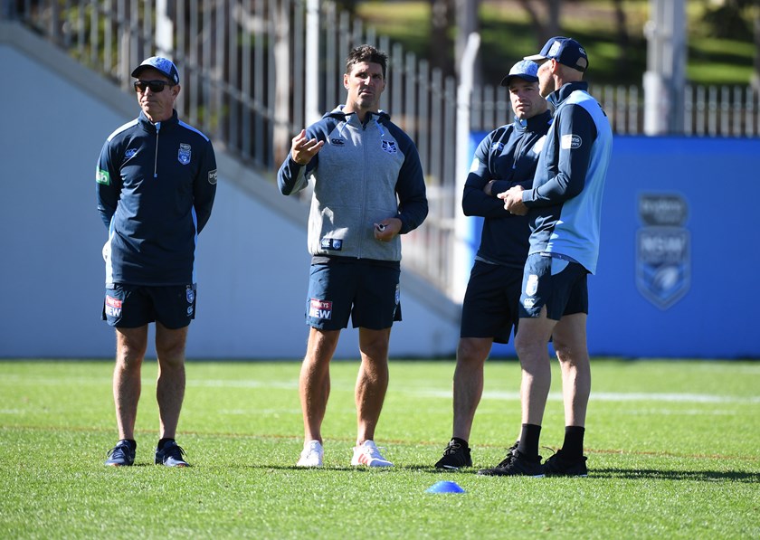 Blues brains trust Greg Alexander, Trent Barrett, Danny Buderus and Craig Fitzgibbon at Thursday's training session.