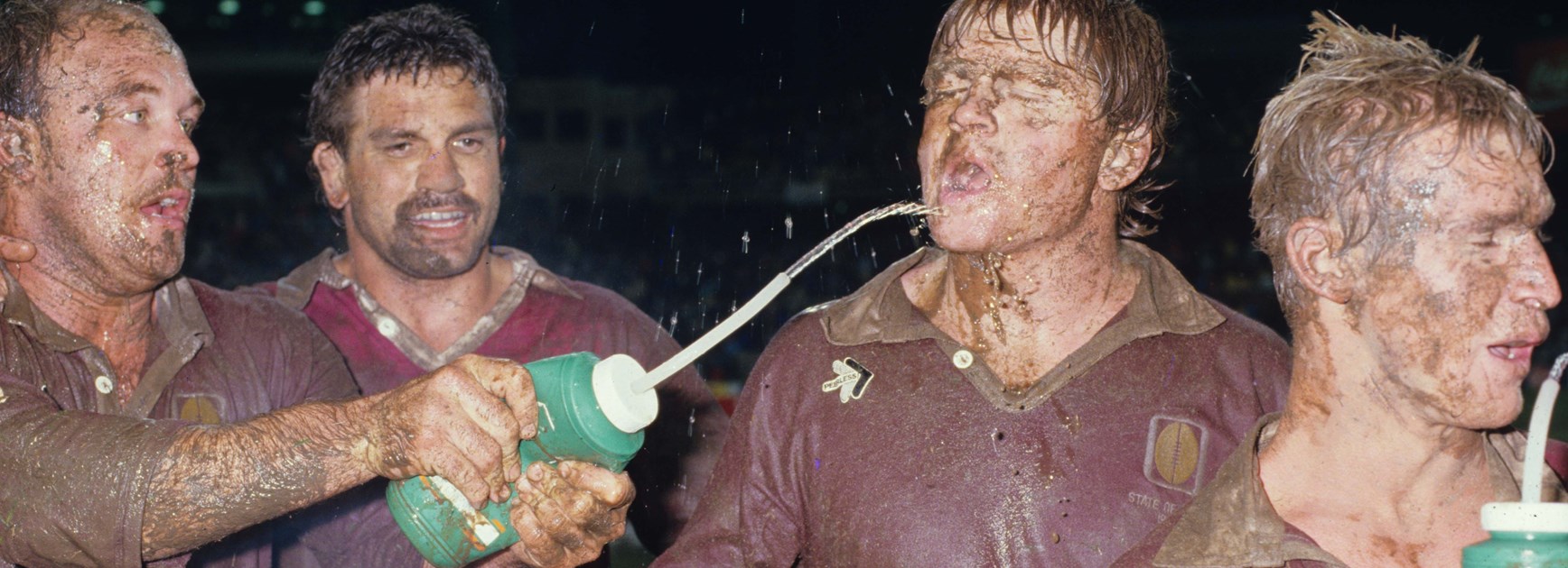 Wally Lewis sprays Paul Vautin's face after the 1987 Origin II win in Sydney.