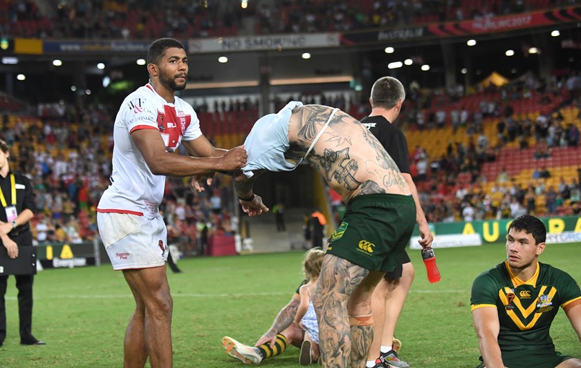 Kallum Watkins and Josh Dugan swap jumpers after the 2017 World Cup final.