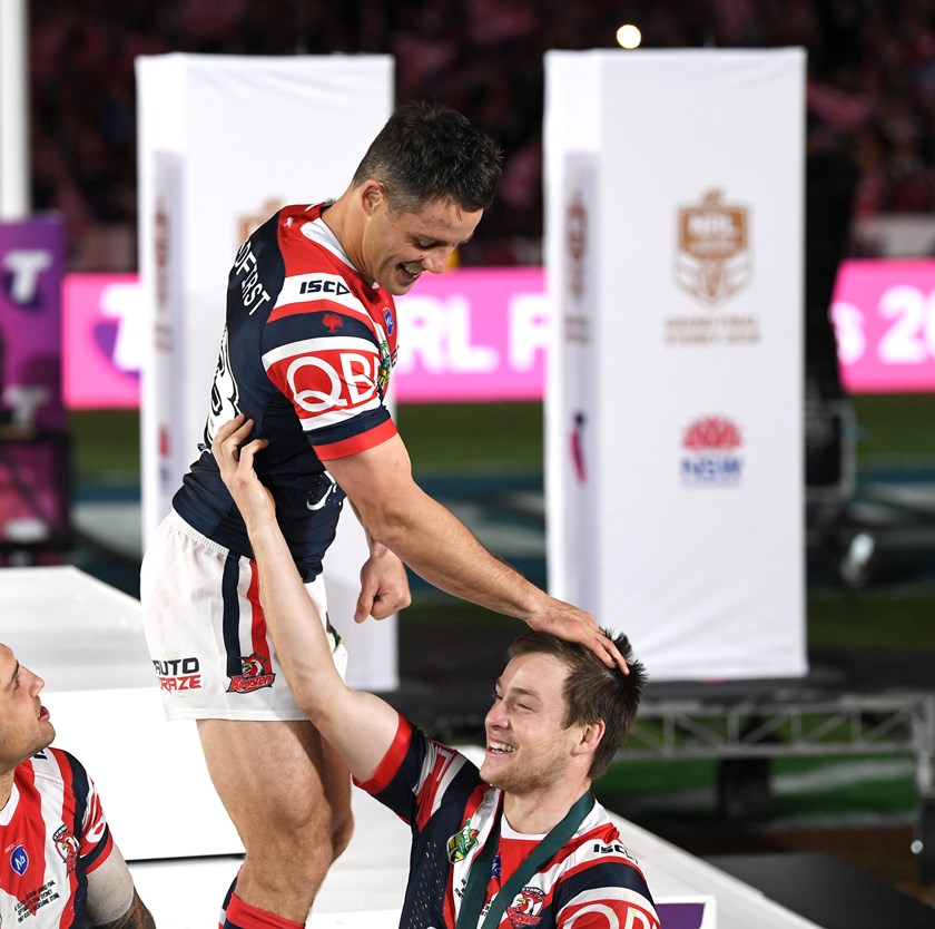 Roosters halves Cooper Cronk (left) and Luke Keary celebrate after the 2018 grand final.