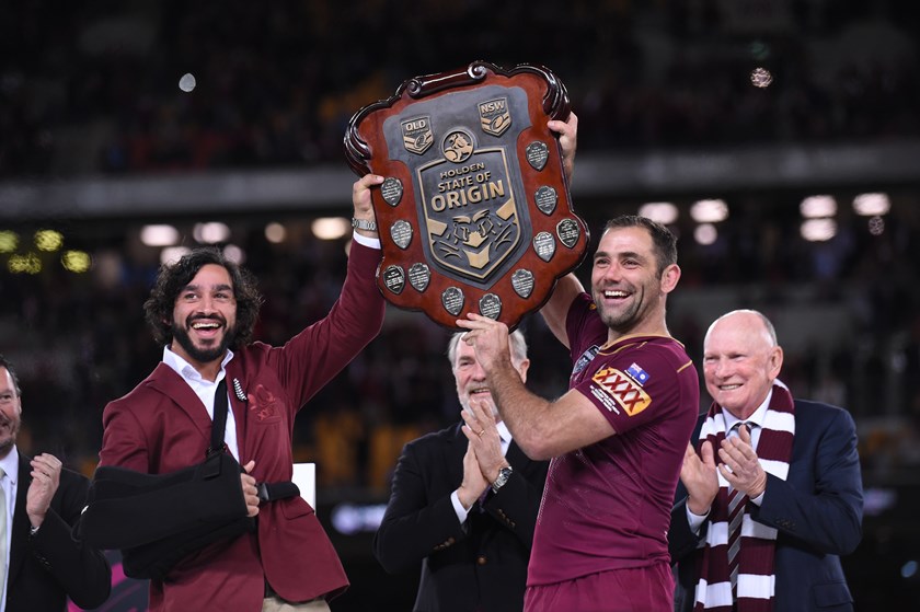 Johnathan Thurston and Cameron Smith celebrate the 2017 Origin series win.