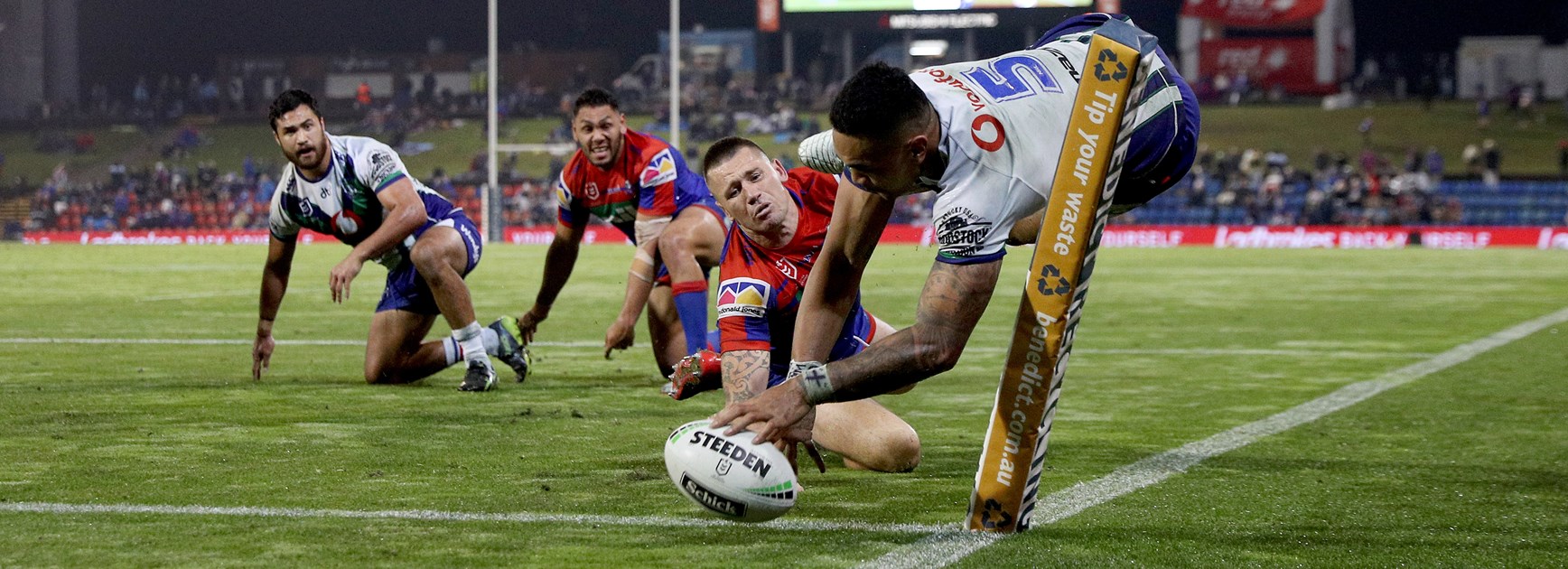 Peta Hiku looks on after putting Ken Maumalo away for a try in Newcastle.