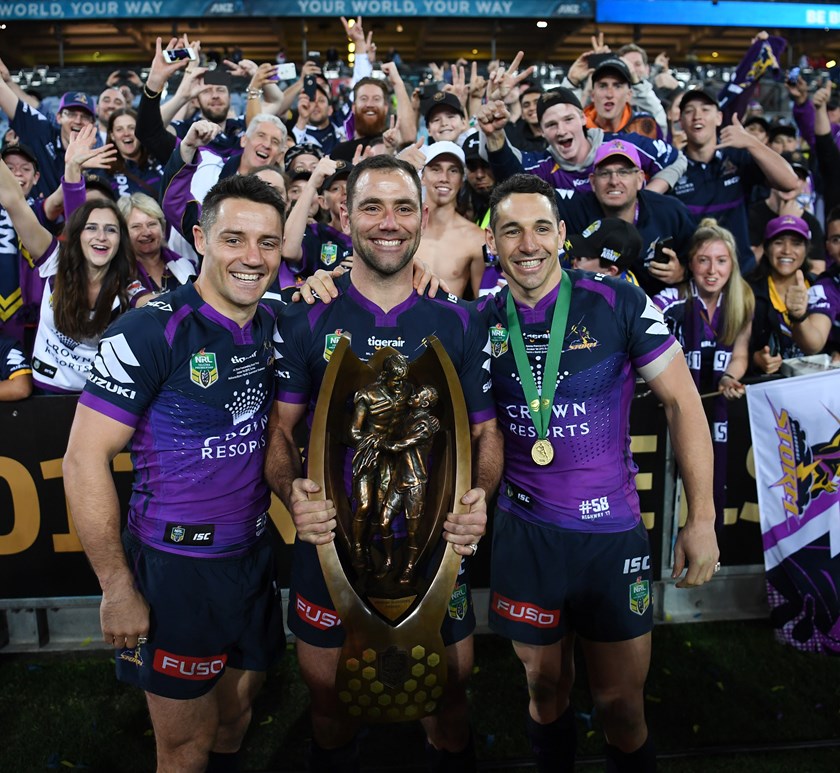 Cooper Cronk celebrates the Storm's 2017 premiership triumph.