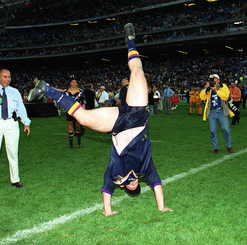 Storm captain Glenn Lazarus celebrates the win with a cartwheel.