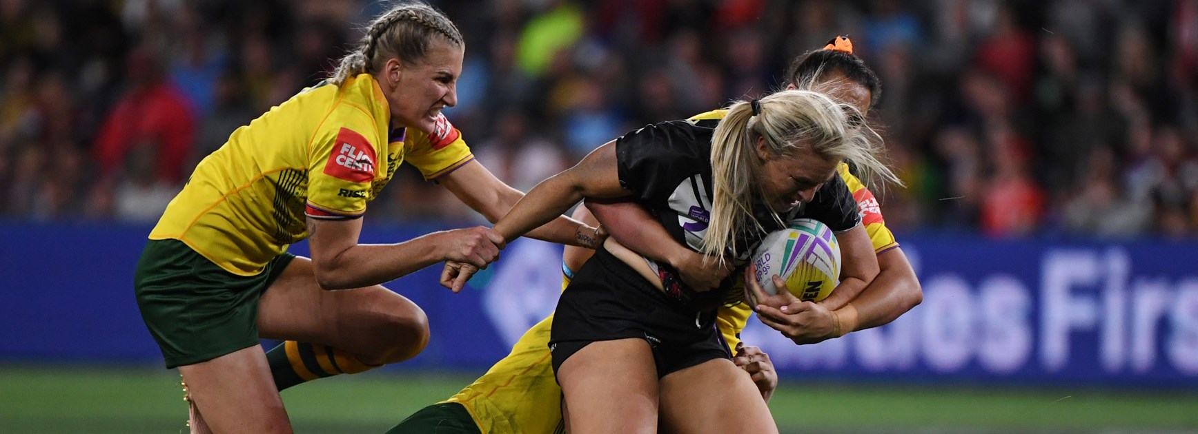 Jules Newman takes on the Jillaroos defence in the World Cup 9s final.