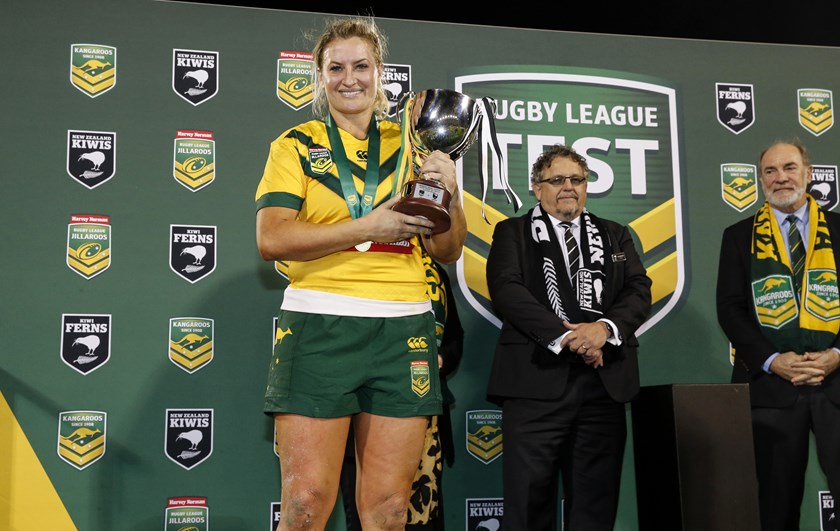 Ruan Sims celebrates the Jillaroos' win over the Kiwi Ferns in 2017.