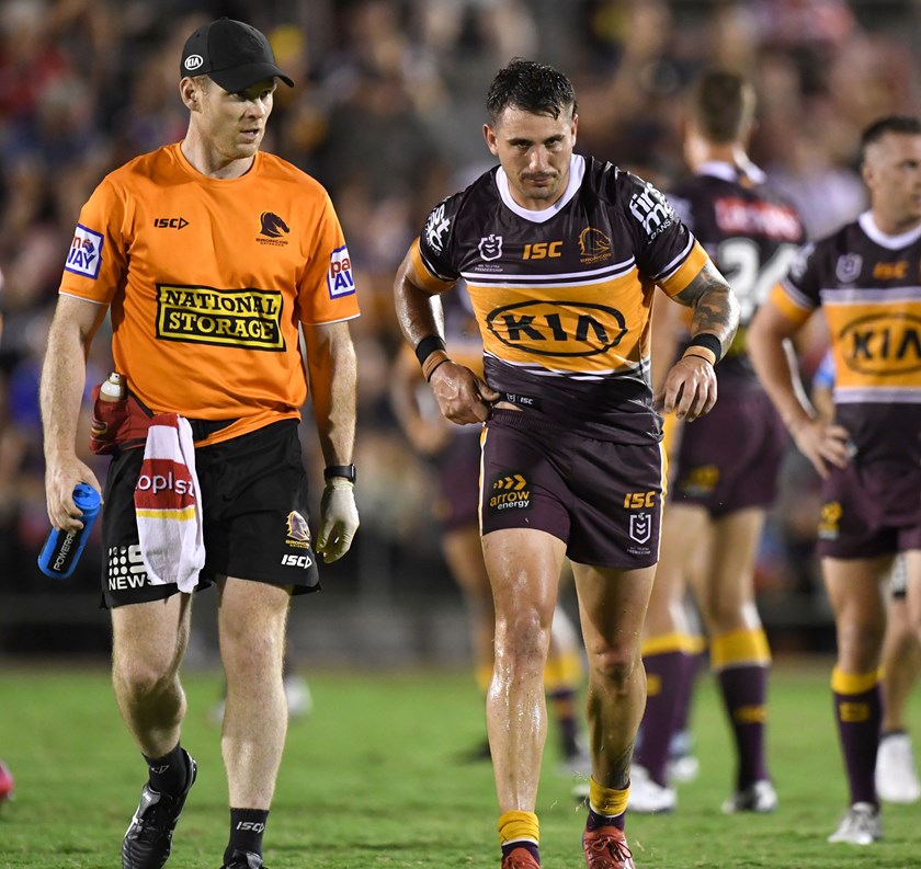 Jack Bird leaves the field injured during the 2020 trials.