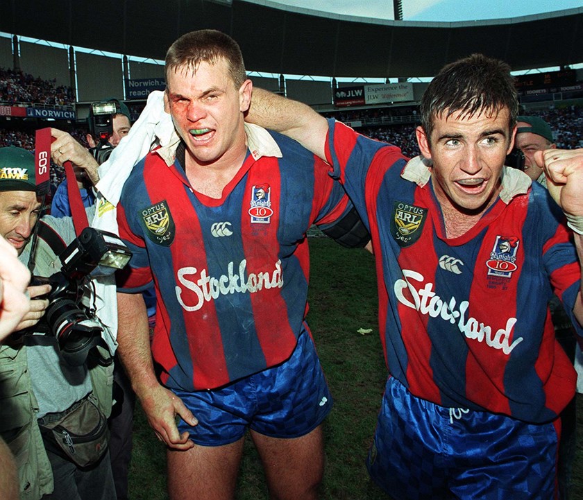 Knights captain Paul Harragon and Andrew Johns after the memorable 1997 grand final triumph over Manly.