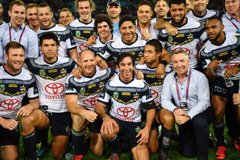 Thurston is surrounded by Cowboys after his final NRL game in 2018.