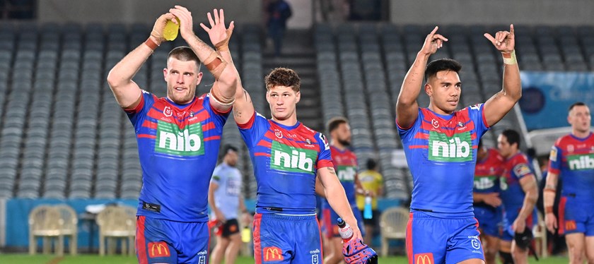 Lachlan Fitzgibbon (left) after the win over Brisbane.