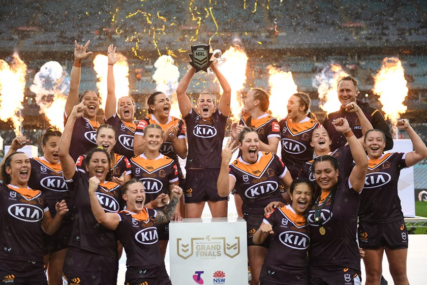 Ali Brigginshaw and the Broncos celebrate a third straight NRLW title.