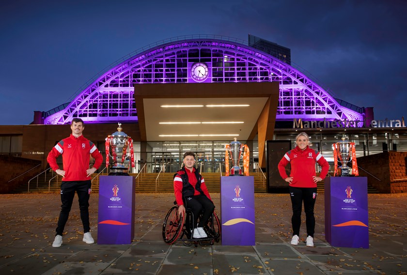 England captains John Bateman, Tom Halliwell and Amy Hardcastle with the World Cup trophies.