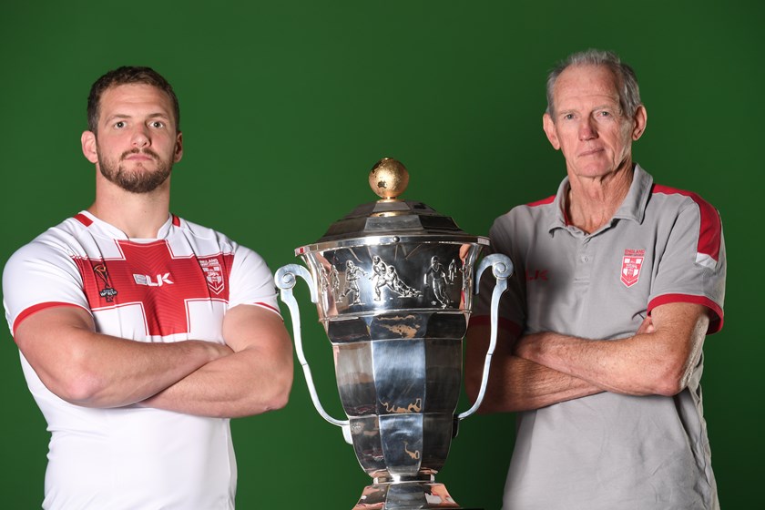 England coach Wayne Bennett and captain Sean O'Loughlin at the 2017 World Cup launch