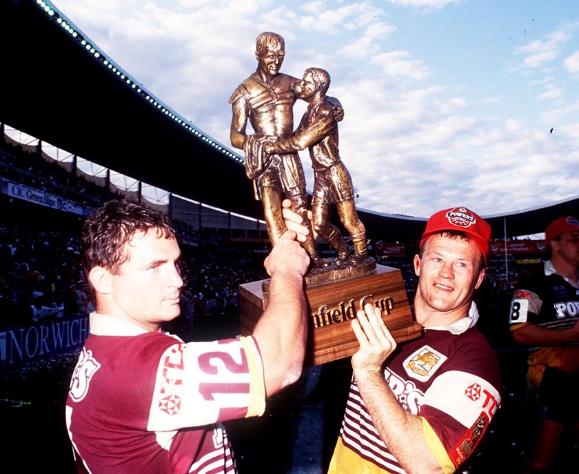 Alan Cann and Trevor Gillmeister celebrate the Broncos' 1992 premiership triumph.