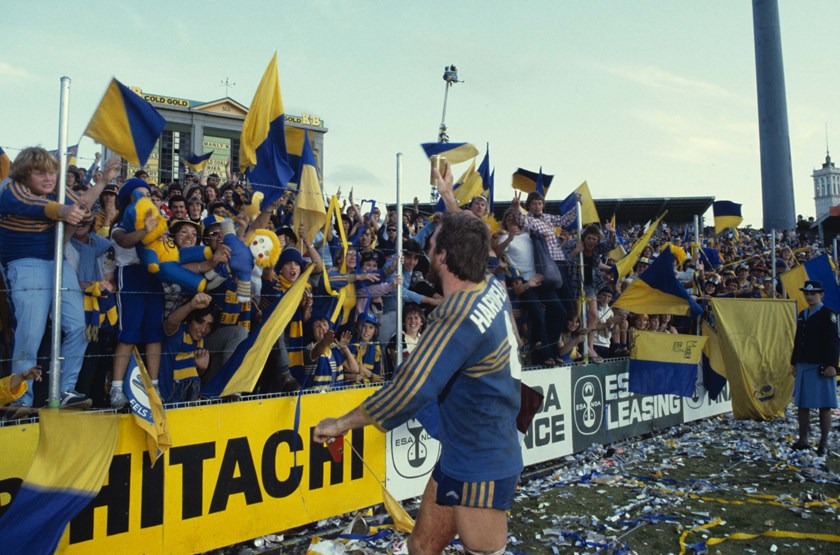 Eels legend Ray Price salutes the Parra faithful after the 1982 grand final win over Manly.