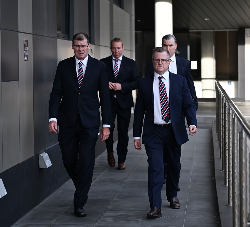 Sydney Roosters CEO Joe Kelly (l) at the Spencer Leniu judiciary hearing after the 2024 opening game in Las Vegas.