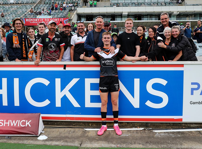 Lachie Galvin celebrates his NRL debut with family and friends