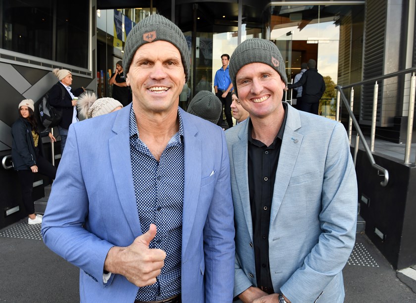 Knights premiership skipper Paul Harragon with great mate Mark Hughes.