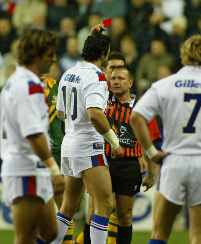 Adrian Morley is given his marching orders after the opening tackle of the 2003 Ashes series on Robbie Kearns.