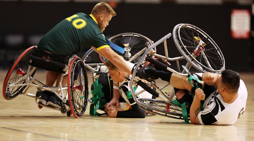 Wheel Kiwi Dan Scott takes a tumble in a tackle by man-of-the-match Zac Schumacher.