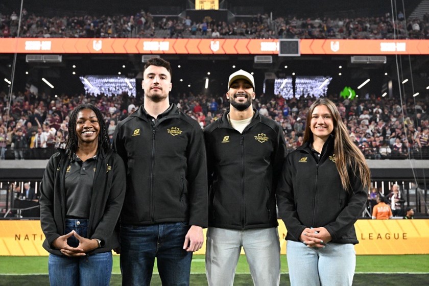 jetwinvip.combine winners MarCaya Bailous, Kris Leach, Michael Woolridge and Megan Pakulis were presented to the crowd at Allegiant Stadium  