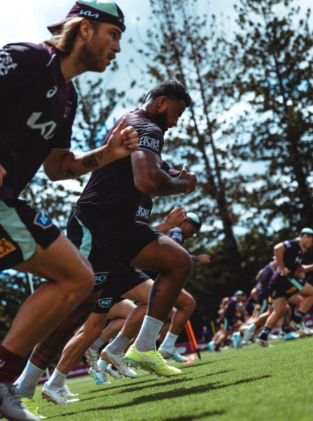 Payne Haas sweats it out under the Brisbane sun at pre-season training.