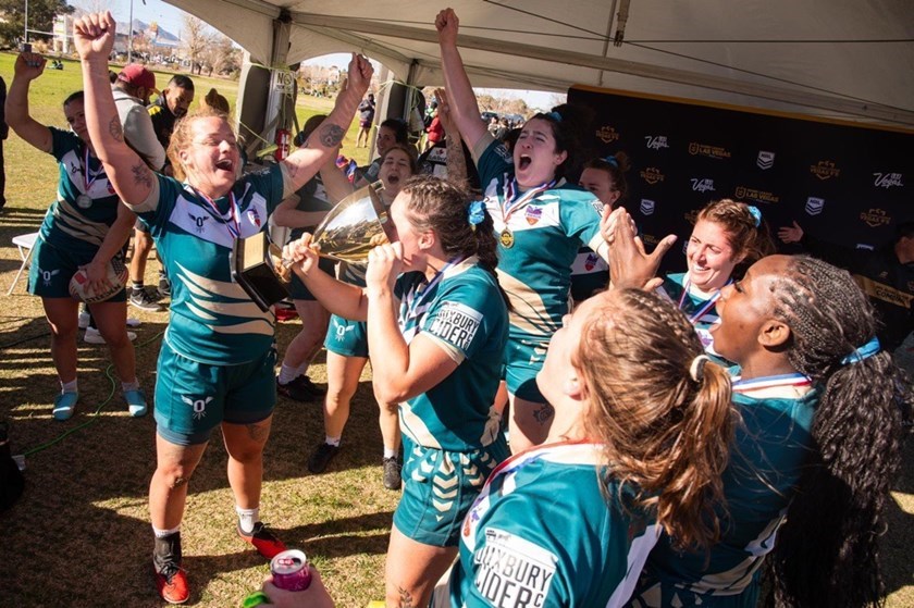 Ontario Ospreys celebrate their win over BC Storm in the 2024 Vegas 9s final.