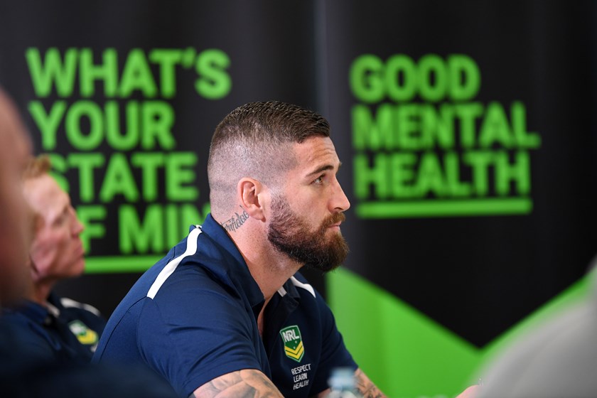 Sea Eagles Joel Thompson looks on as expert partners discuss the NRL State of Mind program.