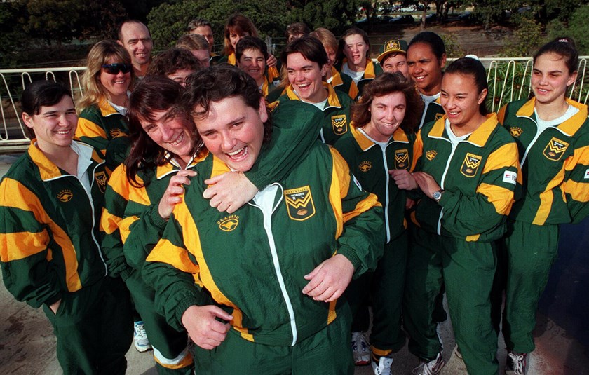 Katrina Fanning with Jillaroos captain Julie McGuffie during the 1996 tour to New Zealand. 