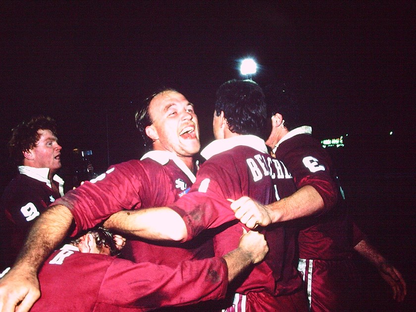 The Maroons celebrate their 1987 Origin series triumph.