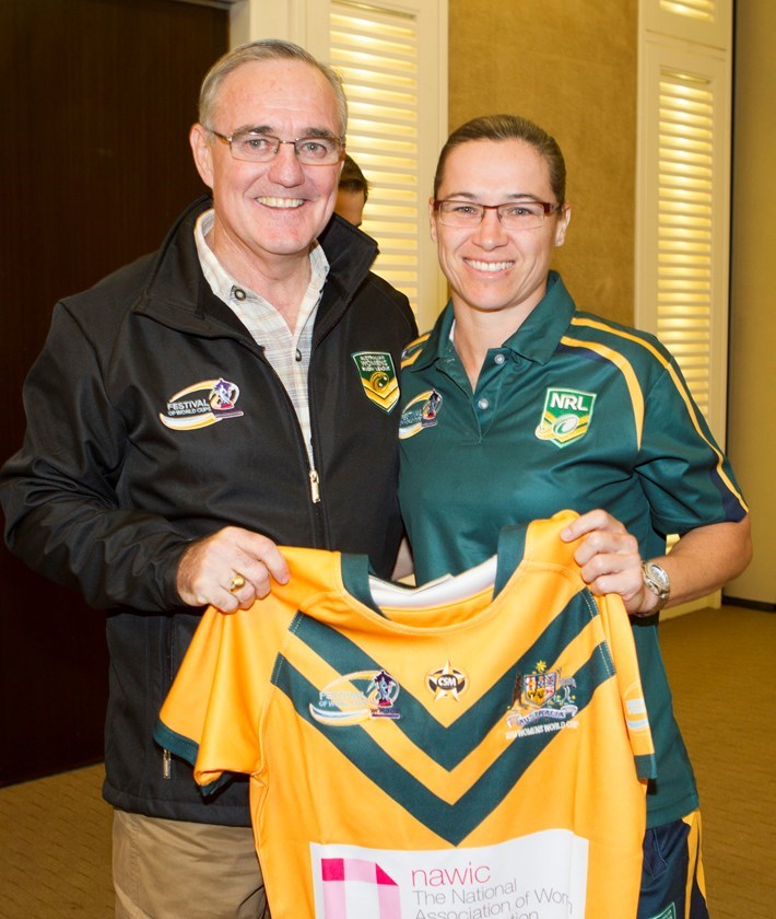 Nat Dwyer, who played 26 Tests for Australia, with former Jillaroos coach Graham Murray. 