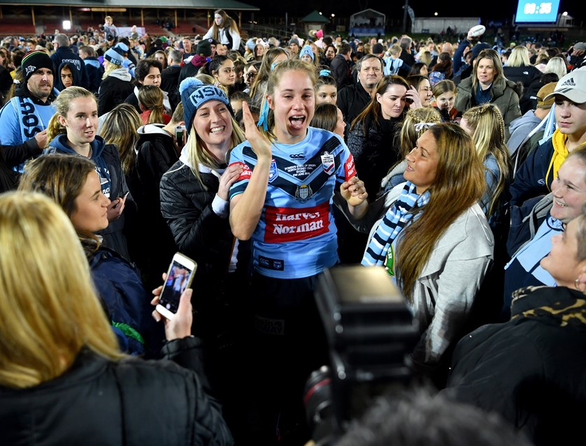 Kezie Apps celebrates NSW's Origin victory at North Sydney Oval.