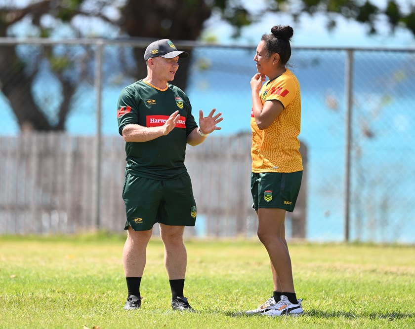 Tallisha Harden with Jillaroos coach Brad Donald during the 2023 Pacific Championships